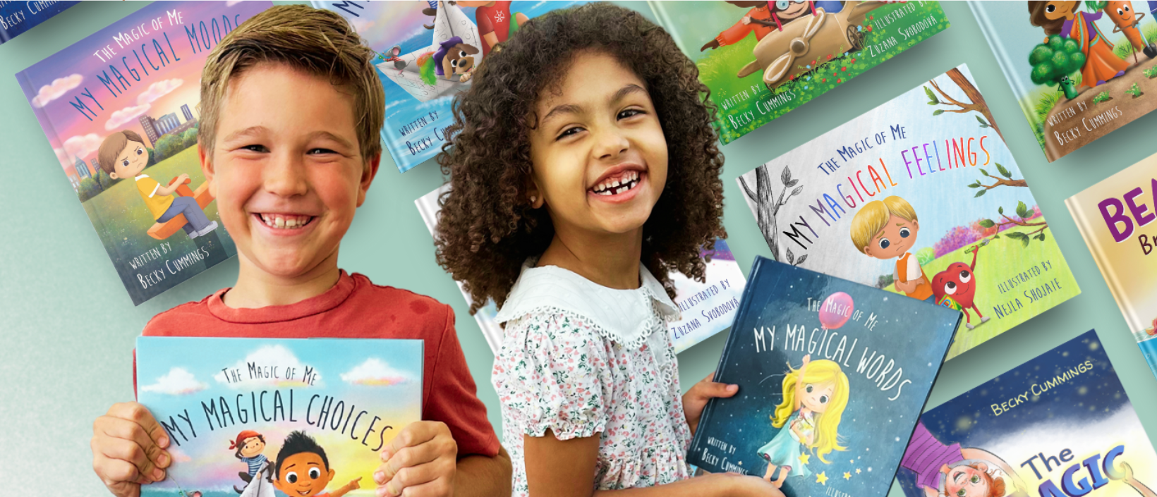 Two joyful children holding Becky Cummings books