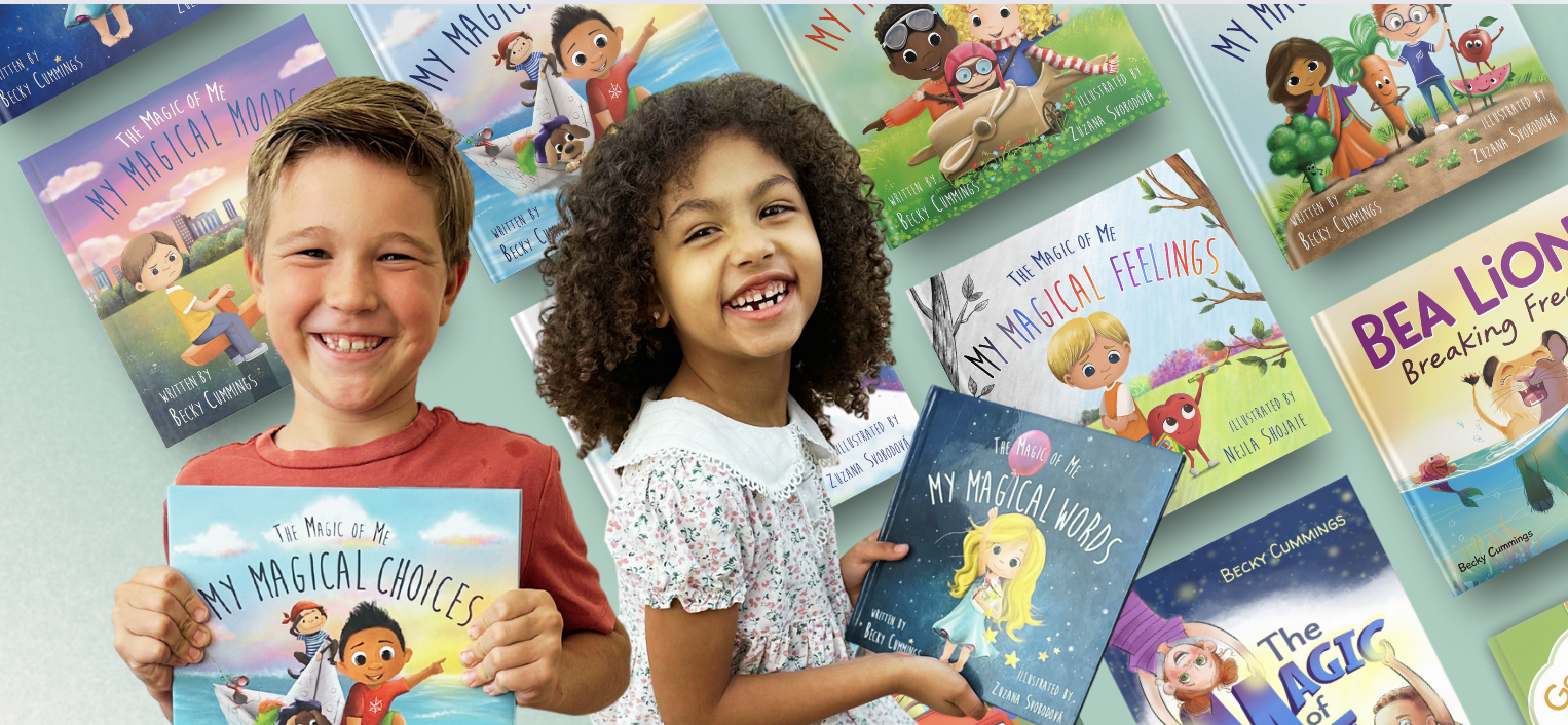Two joyful children holding Becky Cummings books