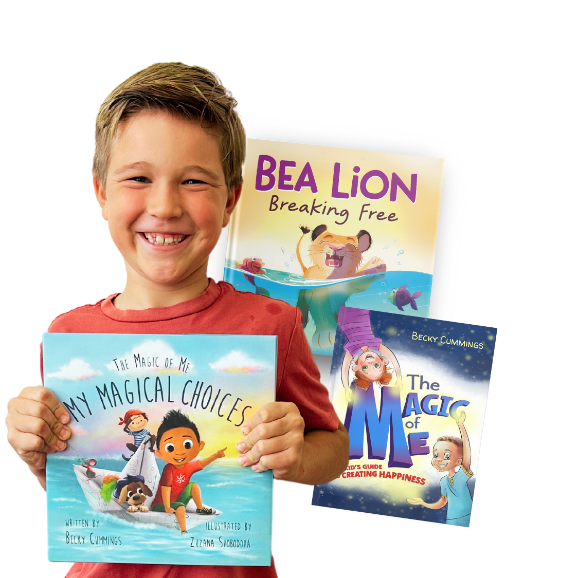 A child joyfully holding Becky's books