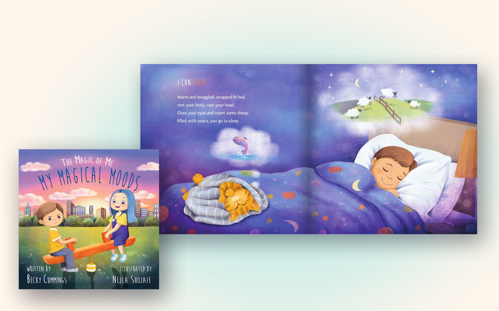 My Magical Moods cover beside the “I can sleep” spread showing a boy and kitten sleeping under a starry blanket